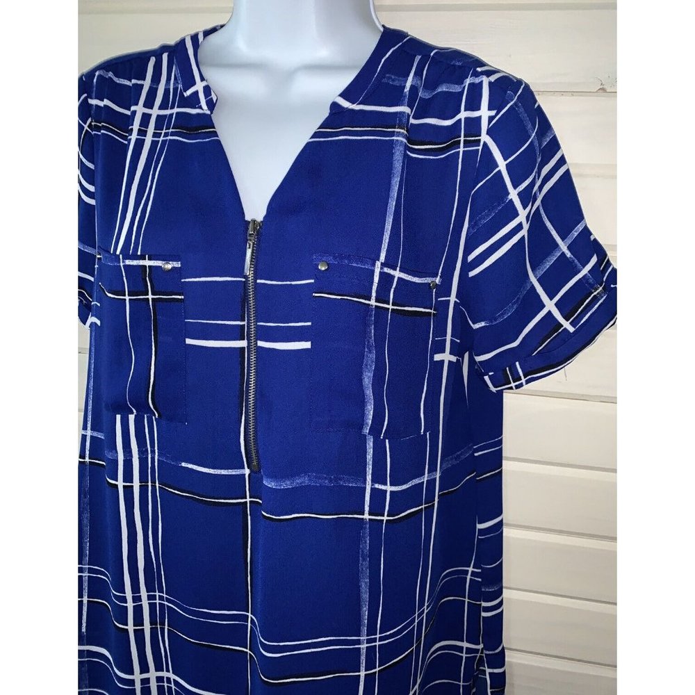 APT. 9 Sz SMALL Blue White Popover Plaid 1/2 Zip S/S Lightweight EUC